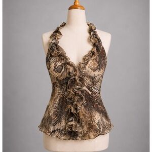 Y2K Snake Print Ruffle HalterTop, Vintage Mandee Size Medium-Boho Baddie Mobwife